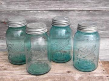 antique 1 quart blue glass fruit jars - Ball Perfect Mason, lot of 4
