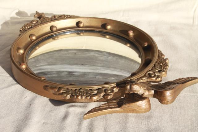 antique 1800s American centennial silvered glass fisheye mirror, convex bubble glass in gold eagle frame
