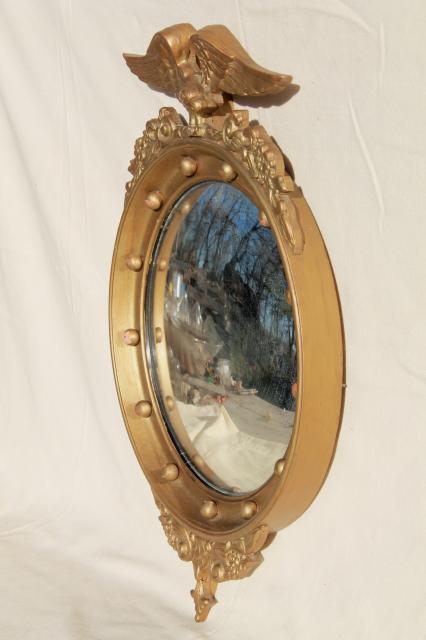 antique 1800s American centennial silvered glass fisheye mirror, convex bubble glass in gold eagle frame