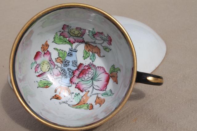 antique 1800s England Ashworth Chinese black chinoiserie tea cup & saucer set