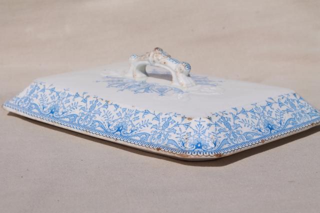 antique 1800s vintage blue & white transferware china lid, rectangular cover for serving dish