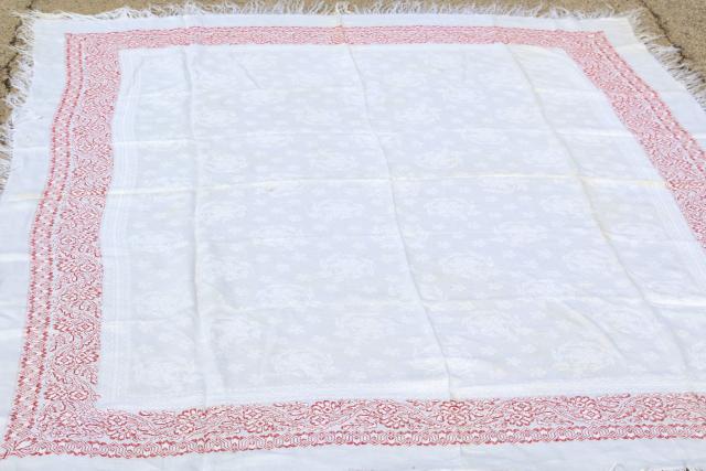 antique 1800s vintage cotton damask tablecloth, redwork embroidery border