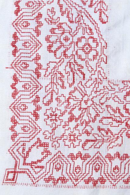 antique 1800s vintage cotton damask tablecloth, redwork embroidery border
