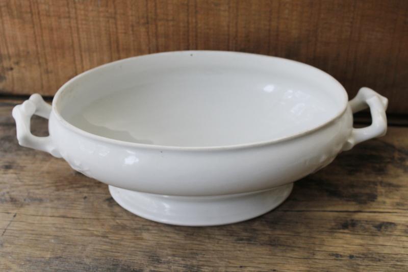 antique 1800s vintage white ironstone china tureen, oval bowl w/ handles, no lid