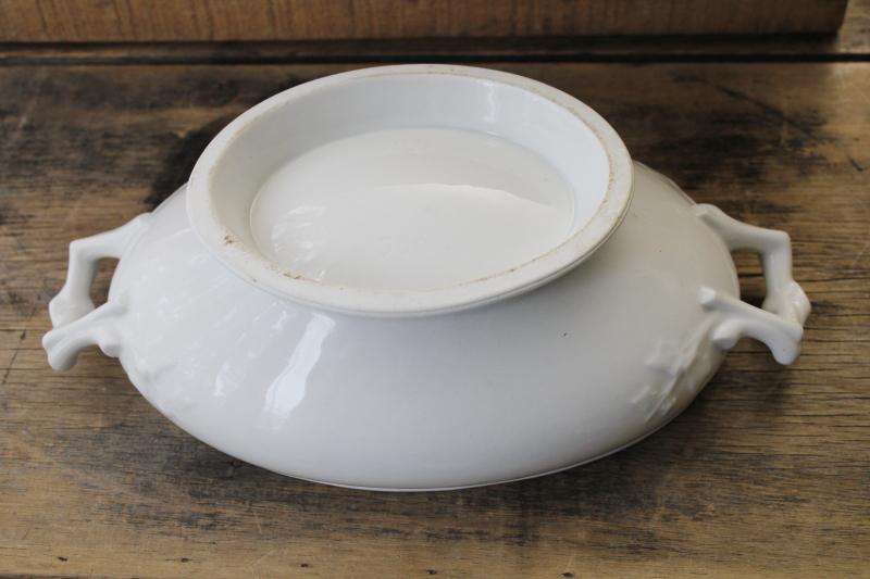 antique 1800s vintage white ironstone china tureen, oval bowl w/ handles, no lid
