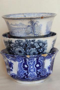 antique 1840s 1850s blue & white china bowls, footed bowl cafe au lait shape