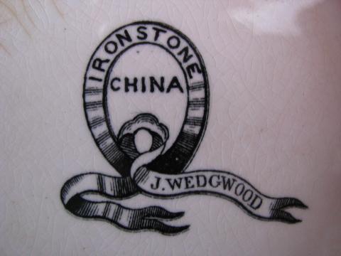 antique 1850s white ironstone dish w/ handles, old Wedgwood garter mark