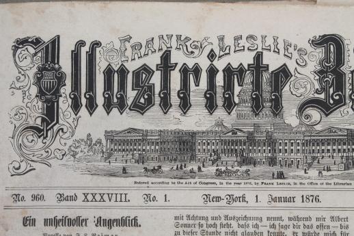 antique 1870s bound magazine folio size engravings, Leslie's Illustrated German gothic font