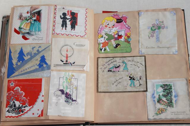 antique 1880s - 1930s scrapbook albums, one lady's collections of snips, cards, keepsakes