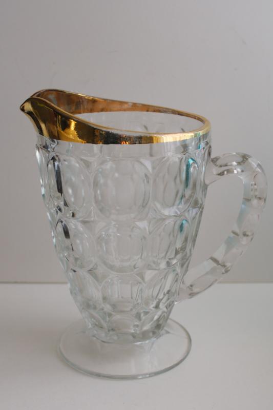 antique 1880s EAPG barreled thumbprint pattern glass pitcher w/ original gold 