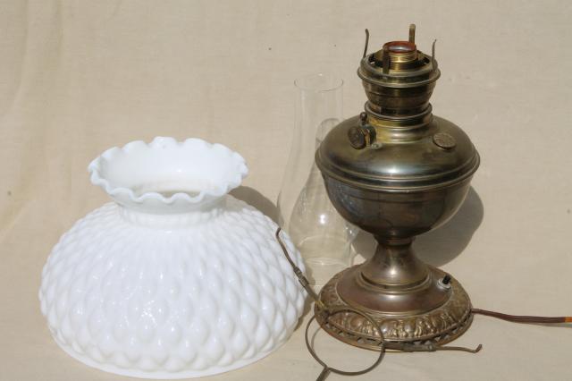 antique 1880s vintage brass oil lamp, electricfied light w/ milk glass shade