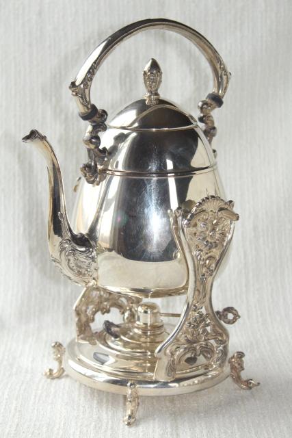 antique 1920s vintage silver plate over copper tea set w/ tilt kettle, coffee pot