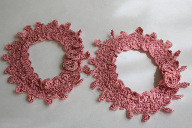 antique 1920s vintage stocking garters, handmade crochet lace ruffled pink cotton