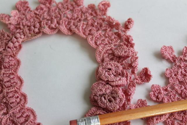 antique 1920s vintage stocking garters, handmade crochet lace ruffled pink cotton