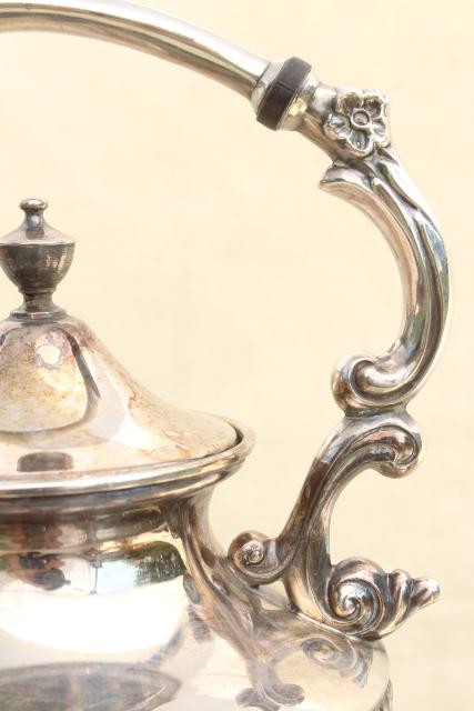 antique 1920s vintage tilt kettle teapot, silver plate over copper tea set