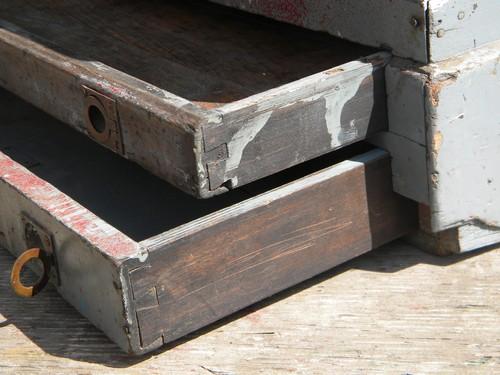 antique 19th C. pine wood tool box or chest w/hand cut dovetails and brass hardware
