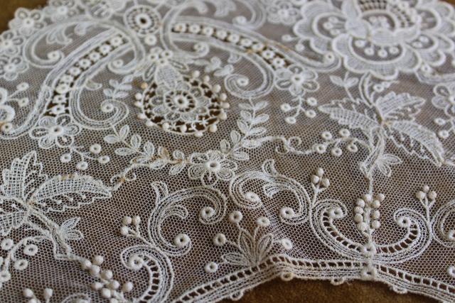 antique 19th century vintage french alencon lace, WIDE needle lace bertha collar w/ bobbles