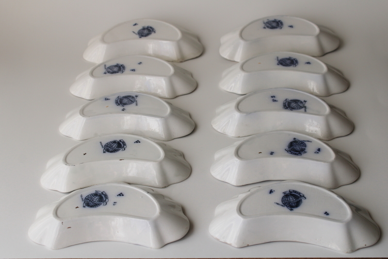 antique Alfred Meakin England ironstone china bone dishes, 12 crescent shape plates dark blue transferware