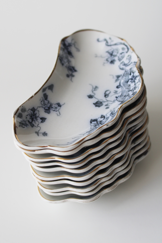 antique Alfred Meakin England ironstone china bone dishes, 12 crescent shape plates dark blue transferware