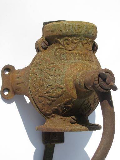 antique Arcade Crystal coffee grinder, hand crank cast iron wall mount
