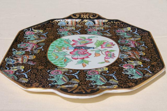 antique Ashworth Bros English china, Chinese black chinoiserie porcelain tea tray
