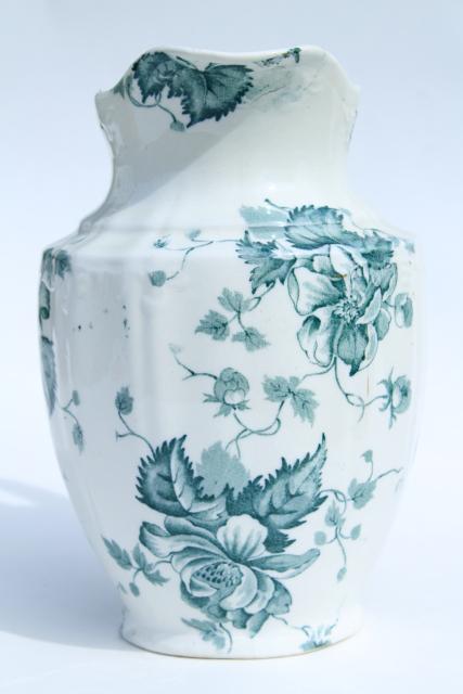 antique Avon - England transferware china pitcher, blue green floral, 1890s Winkle mark