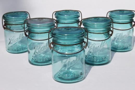 antique Ball mason jar canisters, 6 vintage aqua blue fruit jars w/ lightning lids