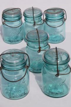 antique  Ball mason jar storage canisters, vintage aqua blue Ball Ideal Mason jars 1908 patent