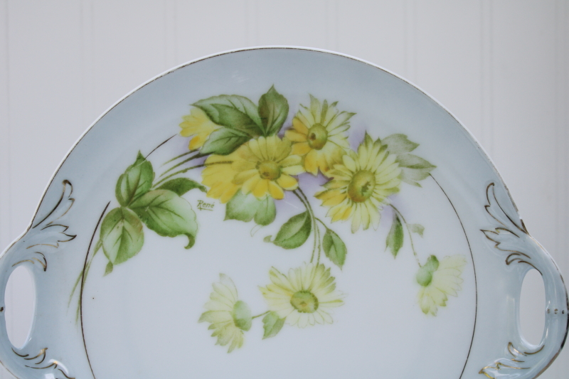 antique Bavaria china cake plate or sandwich tray, hand painted yellow daisies floral artist signed