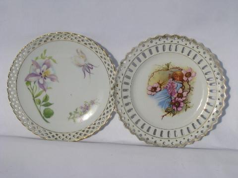 antique Bavaria pierced lace border china plates, flowers, flower fairy