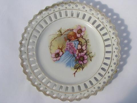 antique Bavaria pierced lace border china plates, flowers, flower fairy