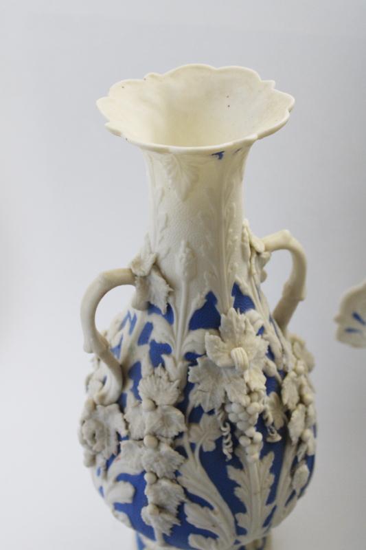 antique Bennington parian ware porcelain vases, large blue & white urns w/ molded grapes