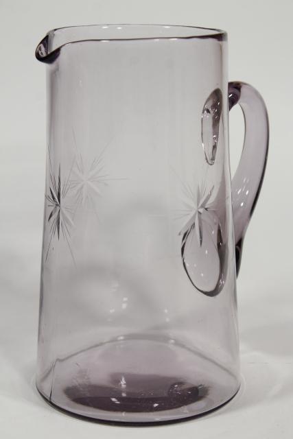 antique Bethlehem star six pointed stars wheel cut etched glass pitcher, sun purple lavender color