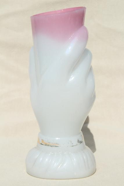 antique Bristol glass vase, shaded pink / white glass w/ hand painted flowers hand holding vase