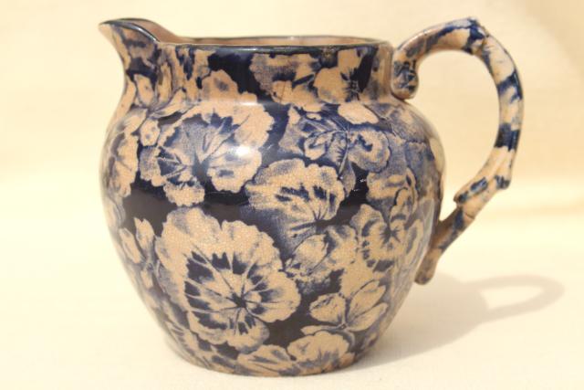 antique Buffalo china blue & white geranium leaf cream pitcher, shabby browned chintz china
