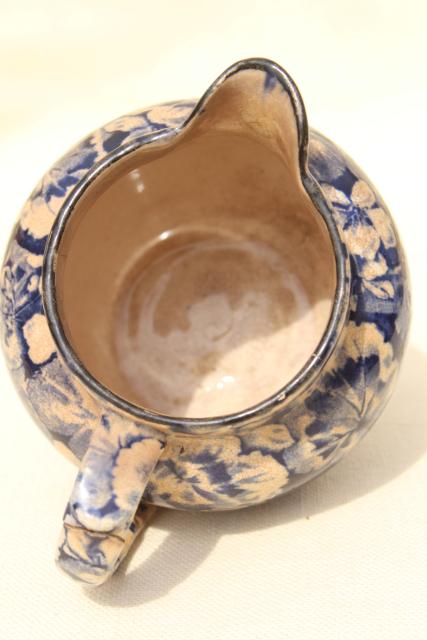 antique Buffalo china blue & white geranium leaf cream pitcher, shabby browned chintz china