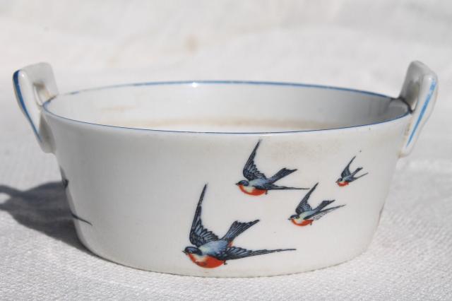 antique Buffalo china w/ bluebirds, vintage blue bird bucket butter dish tub