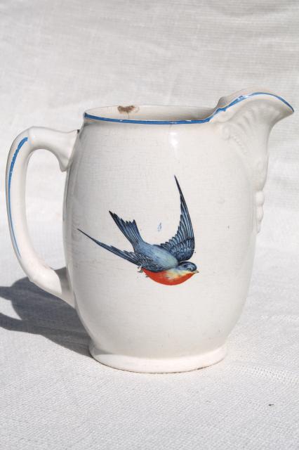 antique Buffalo china w/ bluebirds, vintage blue bird pitcher or milk jug