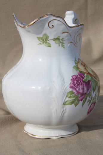 antique Buffalo china pitcher, large wash pitcher or jug w/ cabbage roses