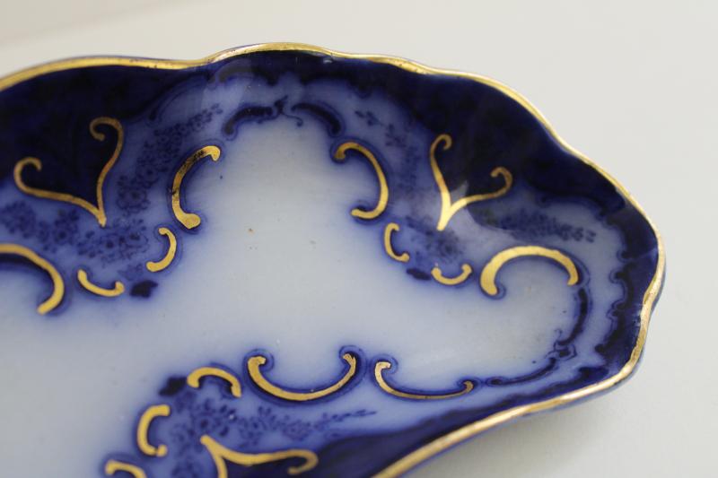 antique Cambridge flow blue china bone dish, crescent side plate Alfred Meakin