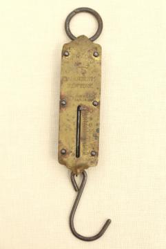 antique Chatillon brass hanging scale, 20 lb spring scale w/ 1800s patent dates