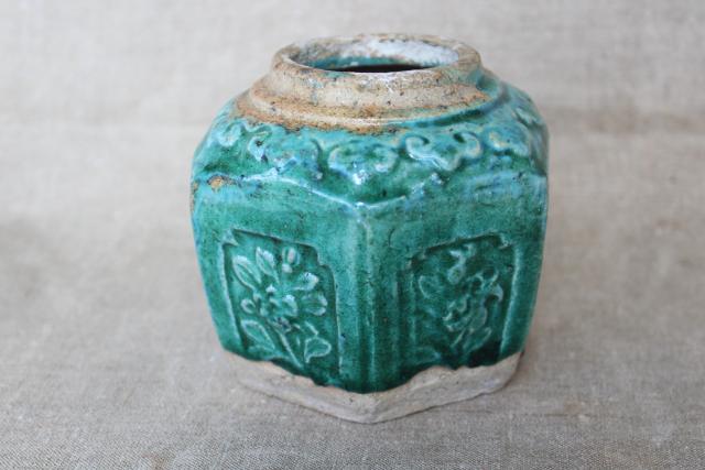 antique Chinese pottery ginger jar, small six sided pot w/ green glaze