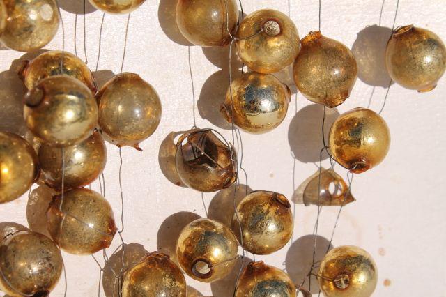 antique Christmas garland, gold mercury glass balls baubles, vintage tree ornament decoration