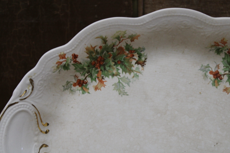 antique Christmas platter, Dixie holly shabby white ironstone china early 1900s vintage