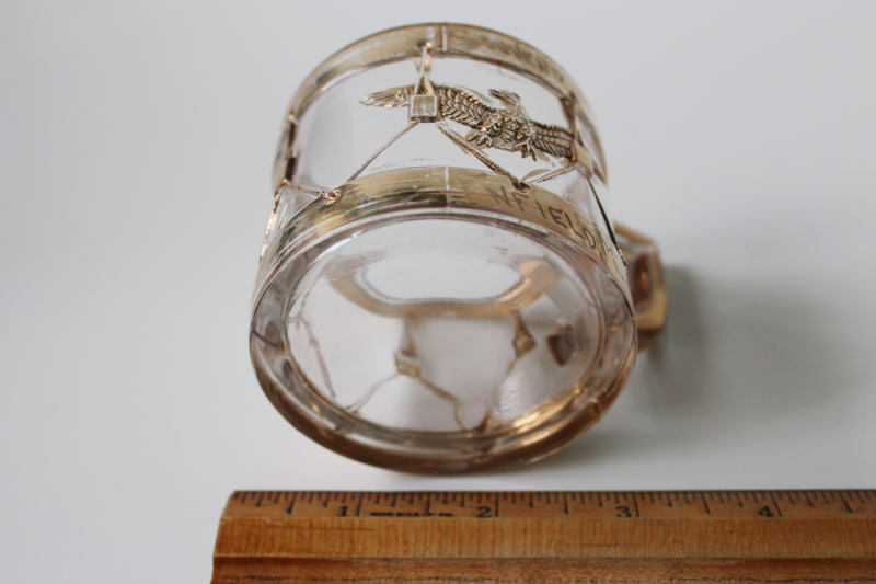 antique Civil war era pressed glass souvenir cup, drum w/ eagle tiny mug w/ original paint