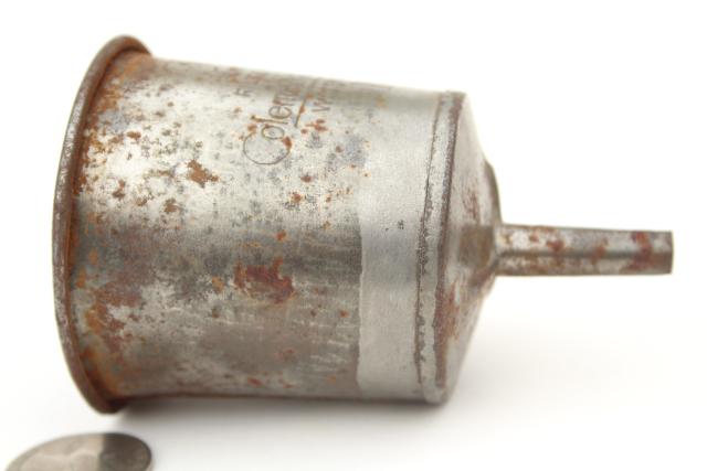 antique Coleman lamp oil funnel filter, early 1900s vintage lantern tool