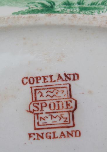 antique Copeland Spode china sugar bowl, aesthetic two color transferware red-brown & green