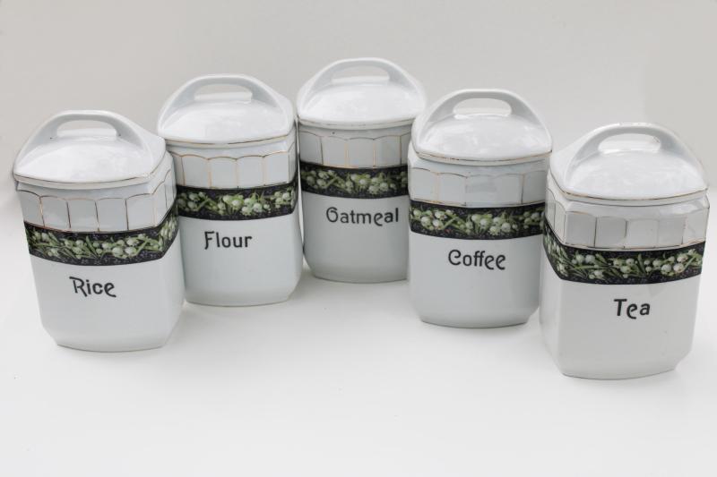 antique Czech china canister jars & spice set, hoosier canisters lily of the valley