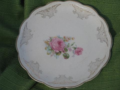 antique Dresden china plates w/ shabby roses, early 1900s vintage