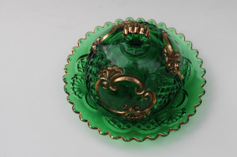 antique EAPG Croesus pattern gold emerald green glass round covered butter dish